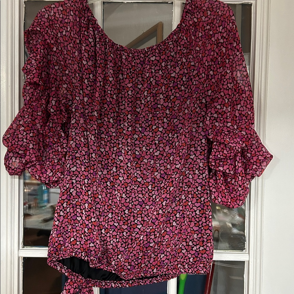 CeCe Pink Multi Heart-Print Ruffle Sleeve Blouse - Picture 5 of 6
